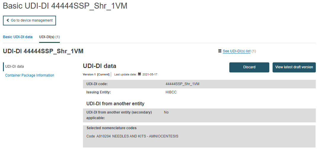 EUDAMED discard and view latest draft version buttons in the udi-di data section