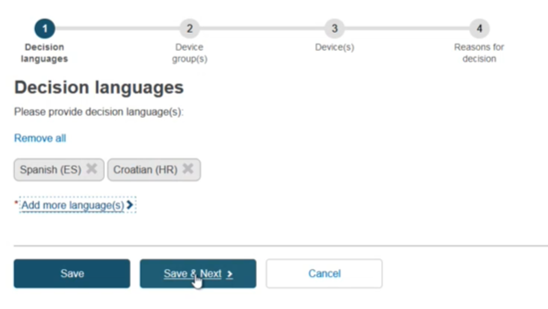 EUDAMED decision languages selected, remove all and add more languages link and save, save and next and cancel buttons
