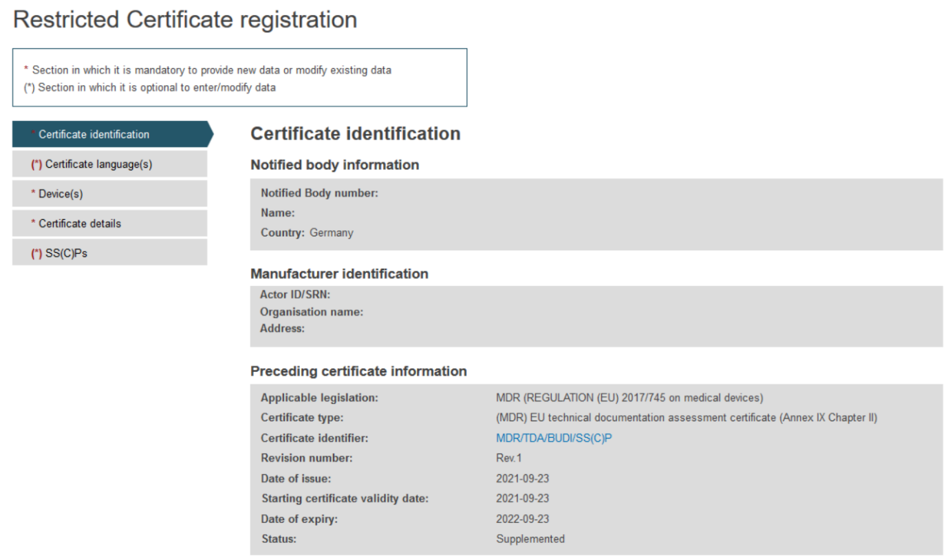 EUDAMED certificate identification tab