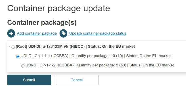 EUDAMED existing container packages in the container package update page