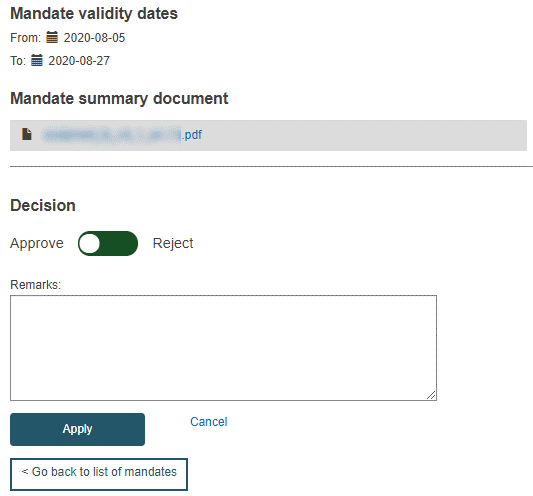 EUDAMED mandate summary document, decision toggle button and remarks field when verifying mandates