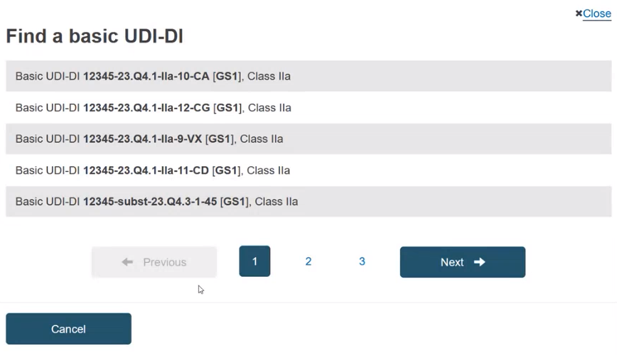 EUDAMED list with available basic udi-dis, pagination and previous, next and cancel buttons