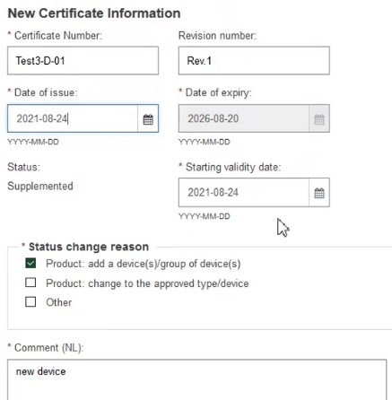 EUDAMED fields to be filled in new certificate information page