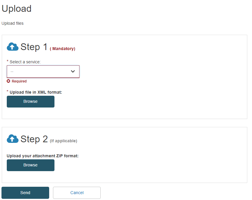 EUDAMED select a service drop-down list and browse buttons to upload file in xml or zip format
