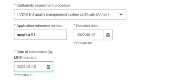 EUDAMED application reference number, decision date and date of submission by fields