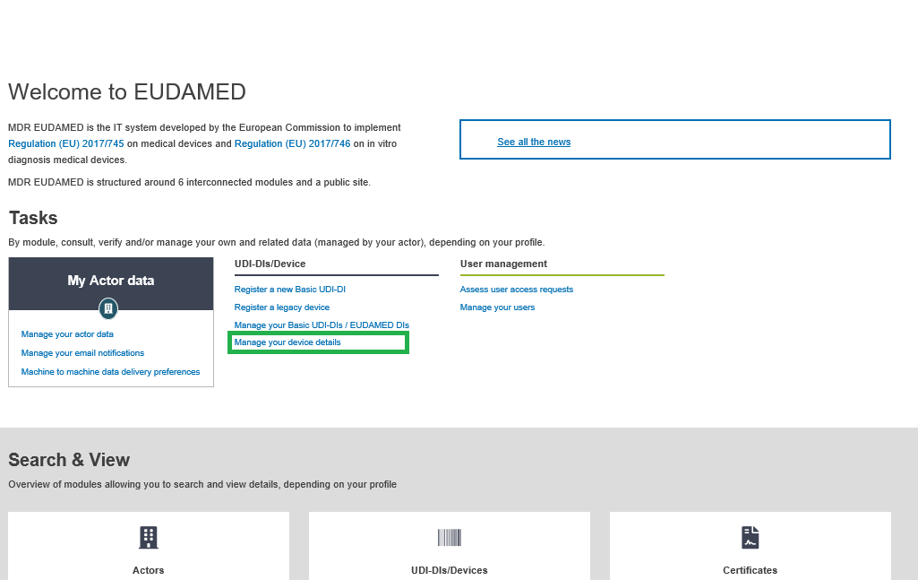 EUDAMED manage your device details link on the dashboard