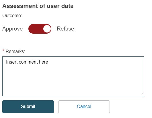 EUDAMED remarks field and submit button when assessing and confirming first NB LAA user request