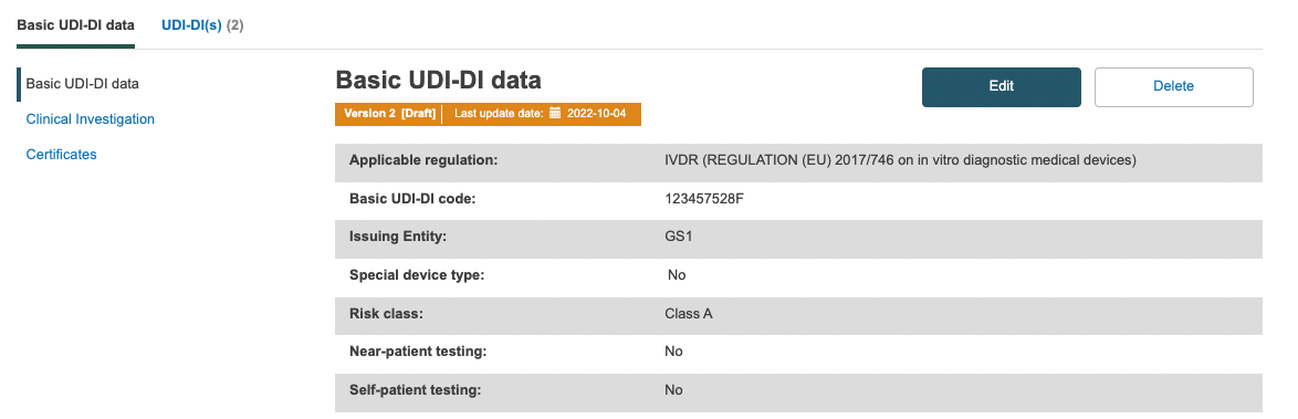 EUDAMED edit and delete buttons in the basic udi-di data page