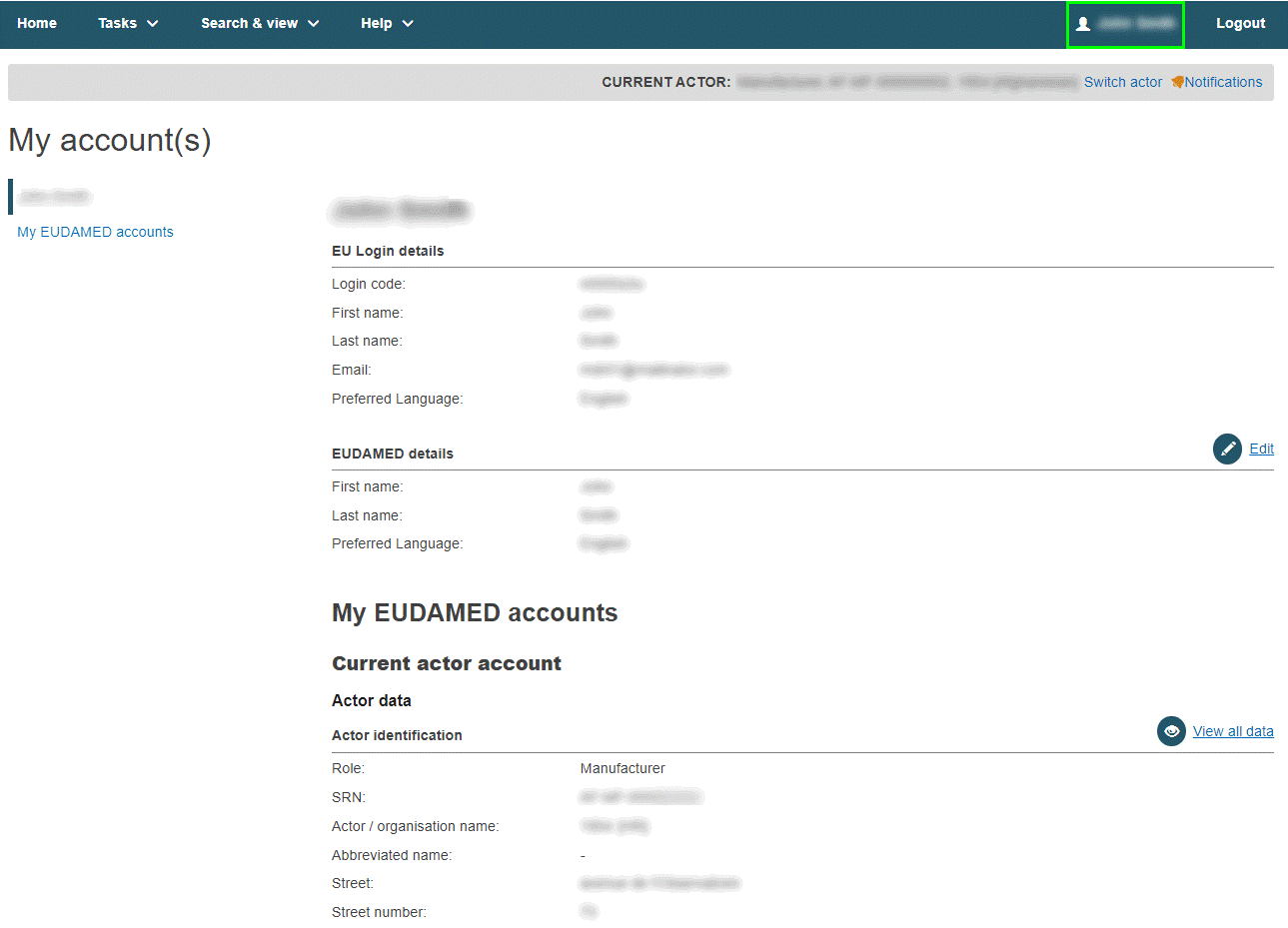 EUDAMED my accounts page