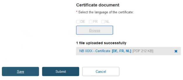 EUDAMED link to the uploaded certificate document and save, submit and cancel buttons