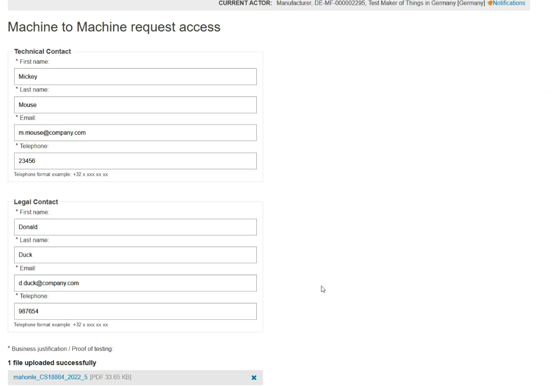 EUDAMED technical and legal contact details in the machine to machine request access page when editing your access point