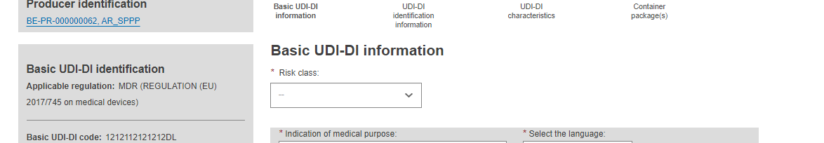 EUDAMED risk class field in the basic udi-di information step