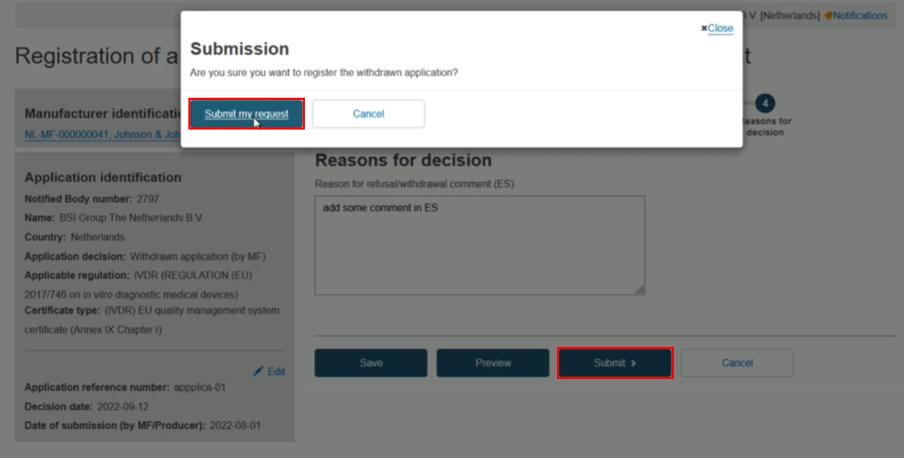 EUDAMED confirmation window and submit my request and cancel buttons
