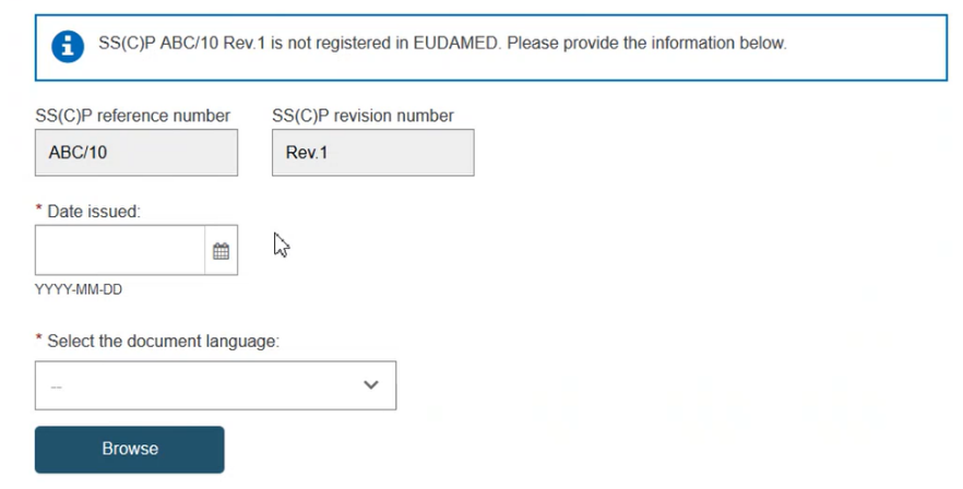 EUDAMED date issued and select the document language fields and browse button