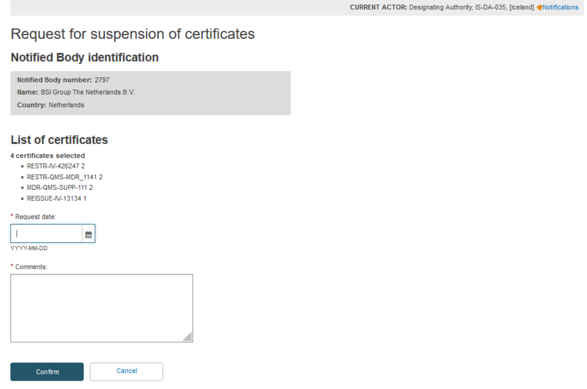EUDAMED fields in the request for suspension of certificates page and confirm and cancel buttons