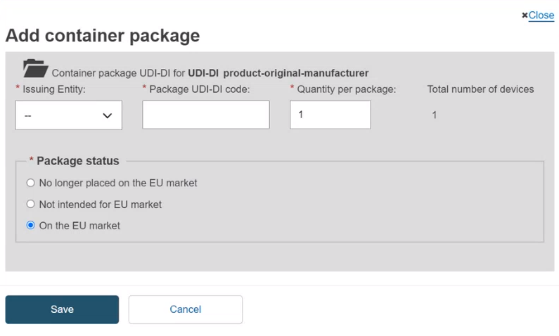 EUDAMED add container package fields when creating a new version for the container package with save and cancel buttons