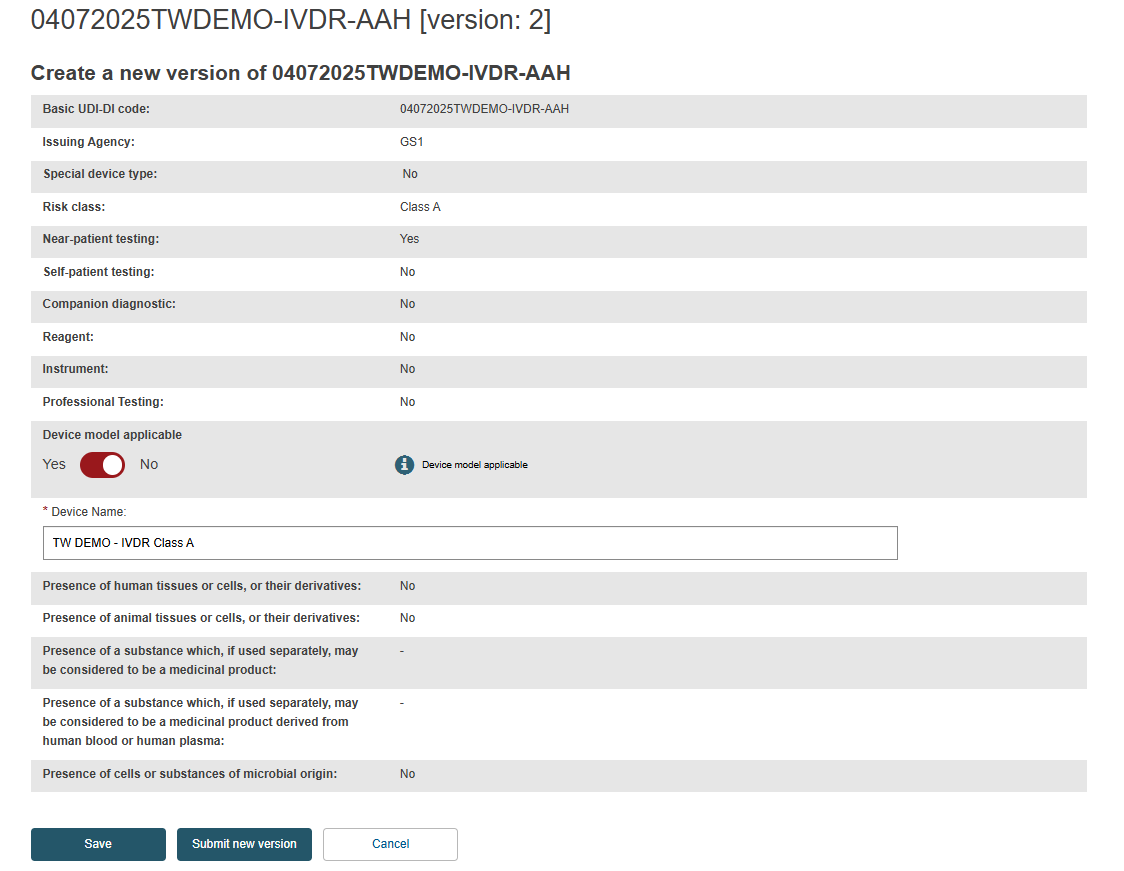 EUDAMED fields to update when creating a new version of the selected basic udi-di