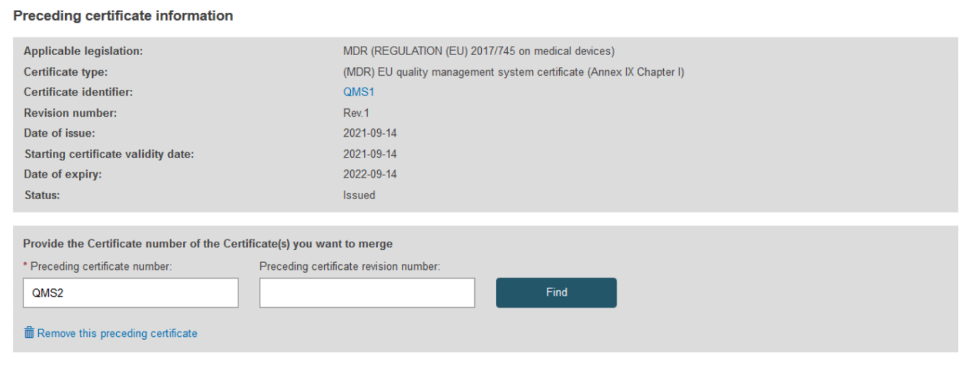 EUDAMED preceding certificate number and preceding certificate revision number, find button and remove this preceding certificate link