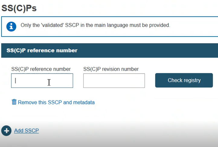 EUDAMED sscp reference and revision number fields, check registry button and remove this sscp and metadata and add sscp links