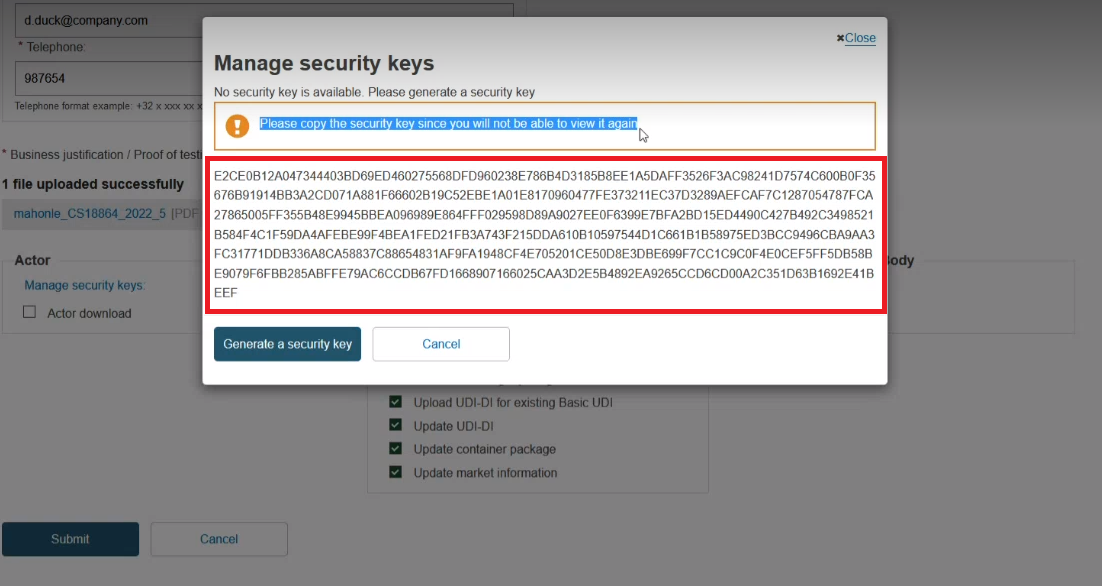 EUDAMED security key and warning message in the manage security keys pop-up window