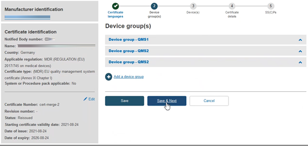 EUDAMED list with clickable device groups, add a device group and save, save and next and cancel buttons