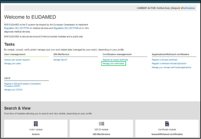EUDAMED manage your certificate link on the dashboard