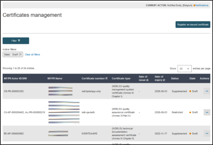EUDAMED list with certificates, filter and register an issued certificate buttons in the certificate management page