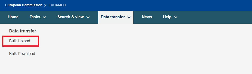 EUDAMED bulk upload link under the data transfer navigation menu