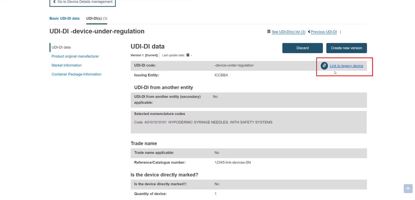 EUDAMED link to legacy device link in the udi-di data section