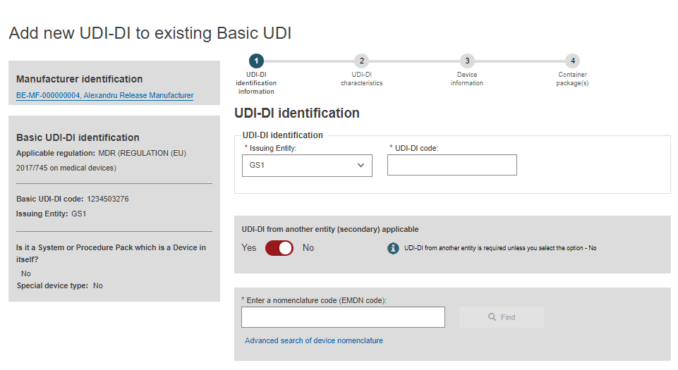 EUDAMED add new udi-di to existing basic udi steps
