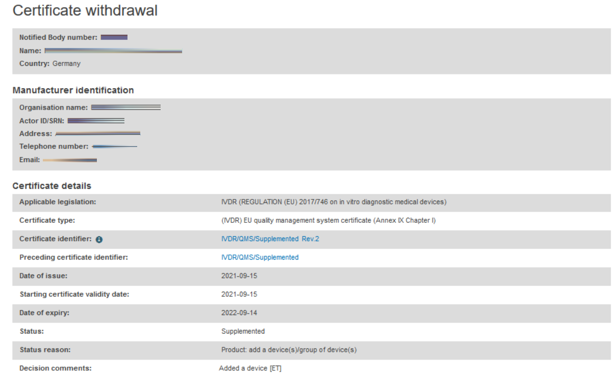 EUDAMED certificate withdrawal page
