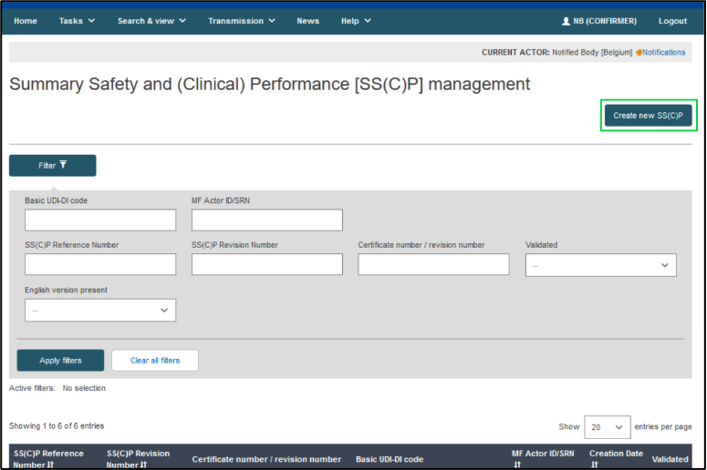 EUDAMED create new sscp and fields to filter in the summary safety and clinical performance sscp management page