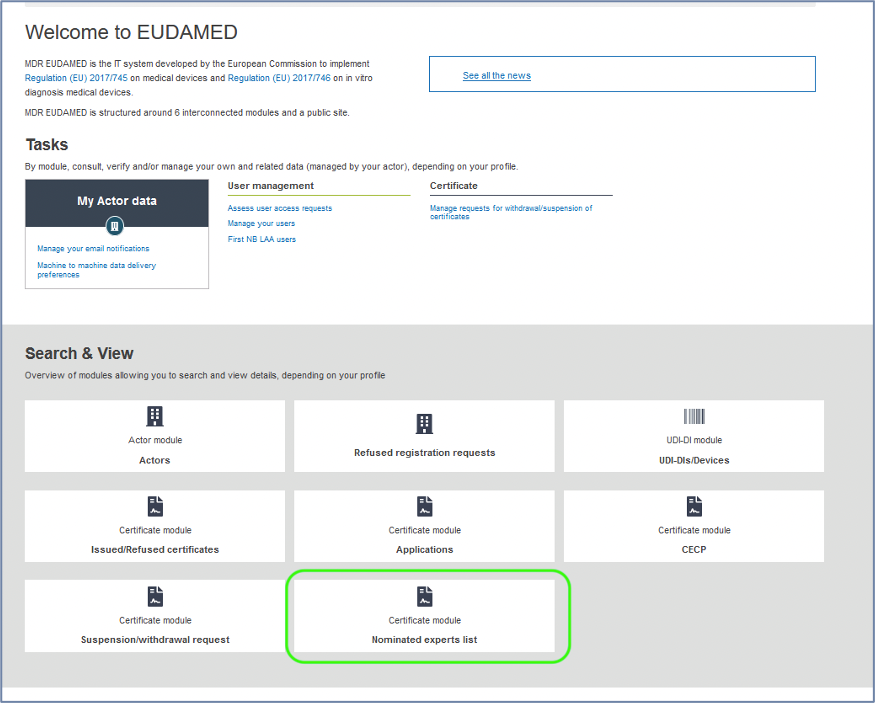 EUDAMED nominated experts list link on the dashboard
