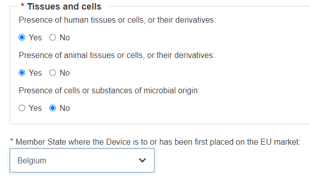 EUDAMED tissues and cells related fields and member states that the device has been placed on the EU market in the device information step
