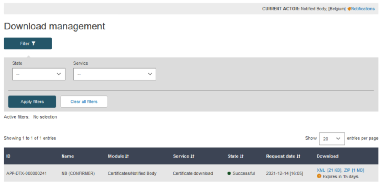 EUDAMED download management page when downloading certificates in a structured format