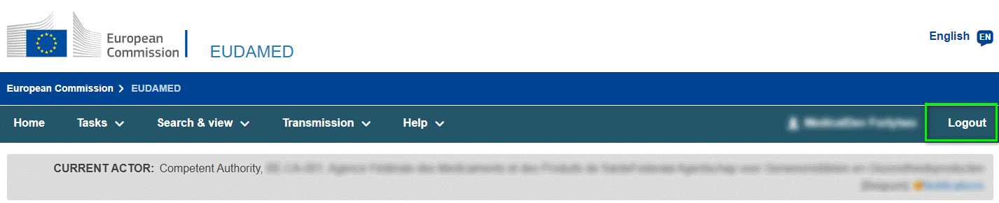 EUDAMED logout link at the top right of the page