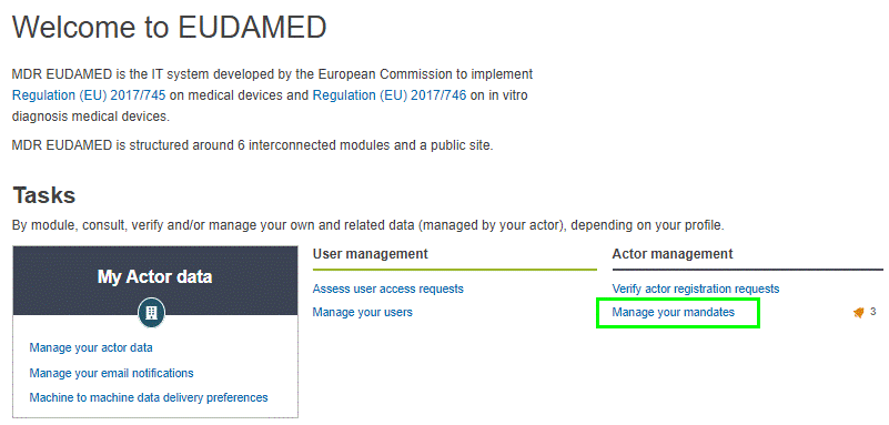 EUDAMED manage your mandates link in the dashboard