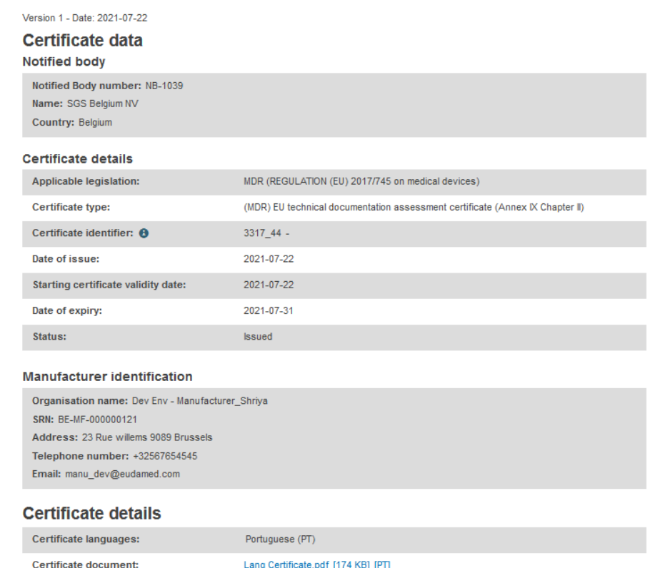 EUDAMED details on the certificate in the certificate data page