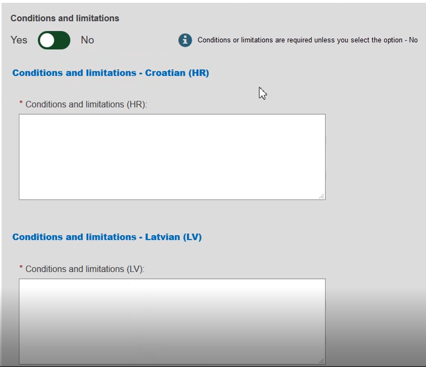 EUDAMED conditions and limitations toggle button to yes and description field for all languages