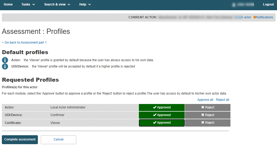 EUDAMED accept or reject access request as a Designating Authority user and complete assessment button