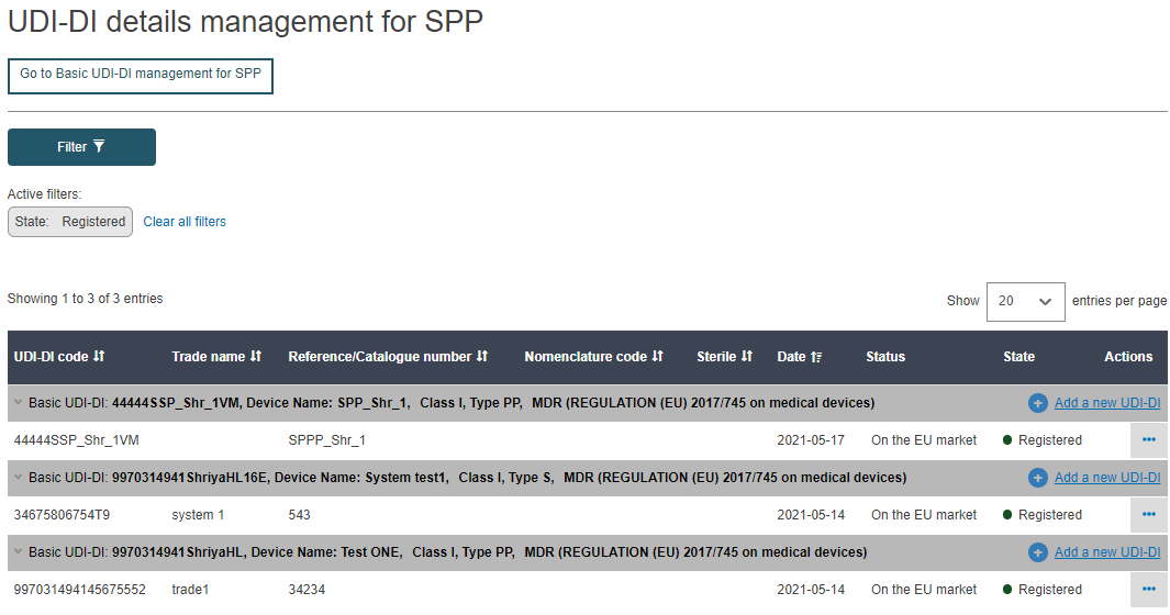 EUDAMED filter button in the udi-di details management for spp page