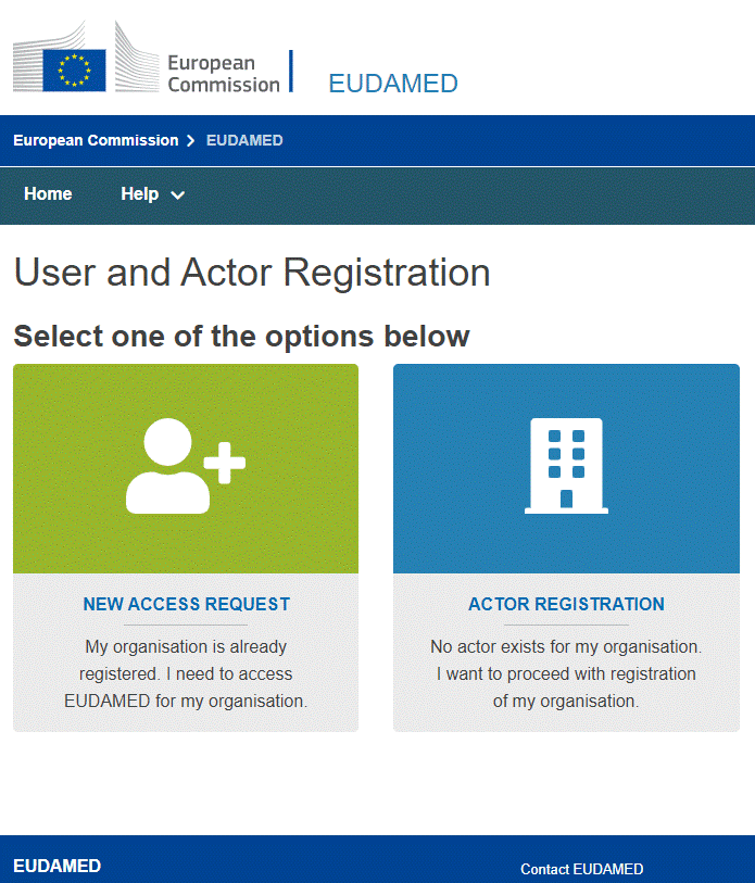 EUDAMED user and actor registration page