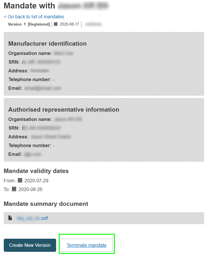 EUDAMED mandate details page and terminate mandate button