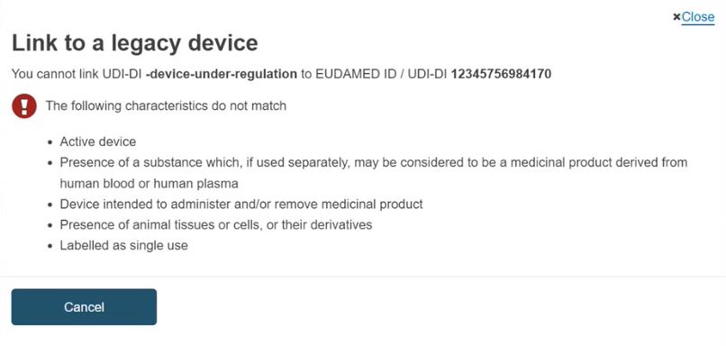 EUDAMED message displaying the characteristics that don't match when trying to link a regulation device to a legacy device