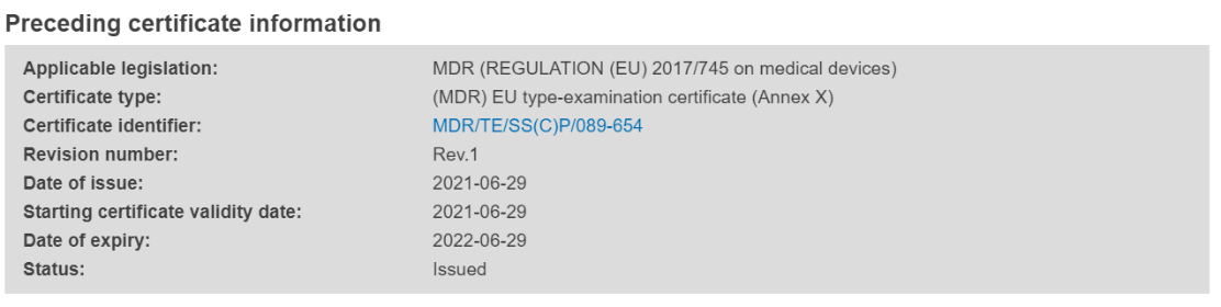 EUDAMED preceding certificate information section