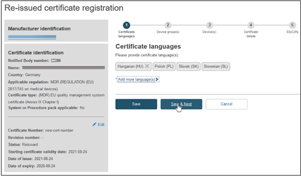 EUDAMED selected languages and add more languages link in the certificate languages step and save, save and next and cancel buttons
