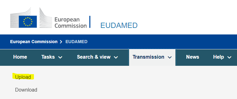 EUDAMED upload link under transmission menu