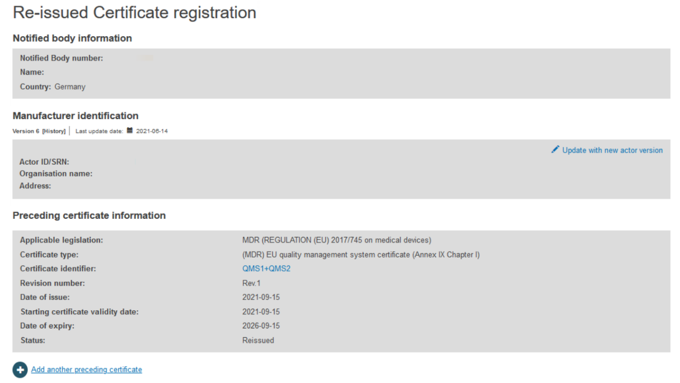 EUDAMED information of the certificate and update with new actor version in the re-issued certificate registration page