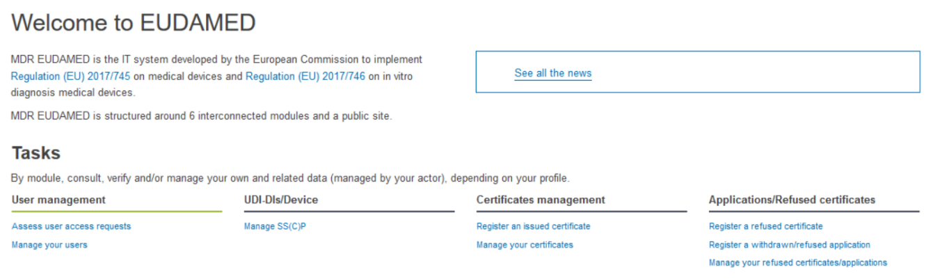 EUDAMED register a refused certificate link on the dashboard