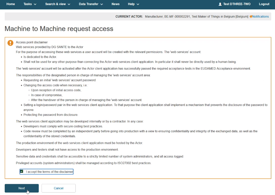 EUDAMED machine to machine request access disclaimer